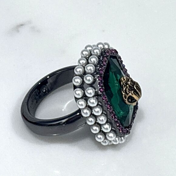 Kurt Geiger Eagle Head Cocktail Ring Green Crystal Statement Silver Tone Size 9 - Picture 14 of 14